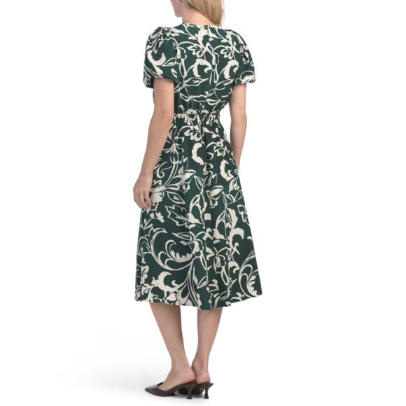 LONDON TIMES Ivory/Green Elastic Neck Tucked Sleeve Midi Dress - Picture 2 of 2